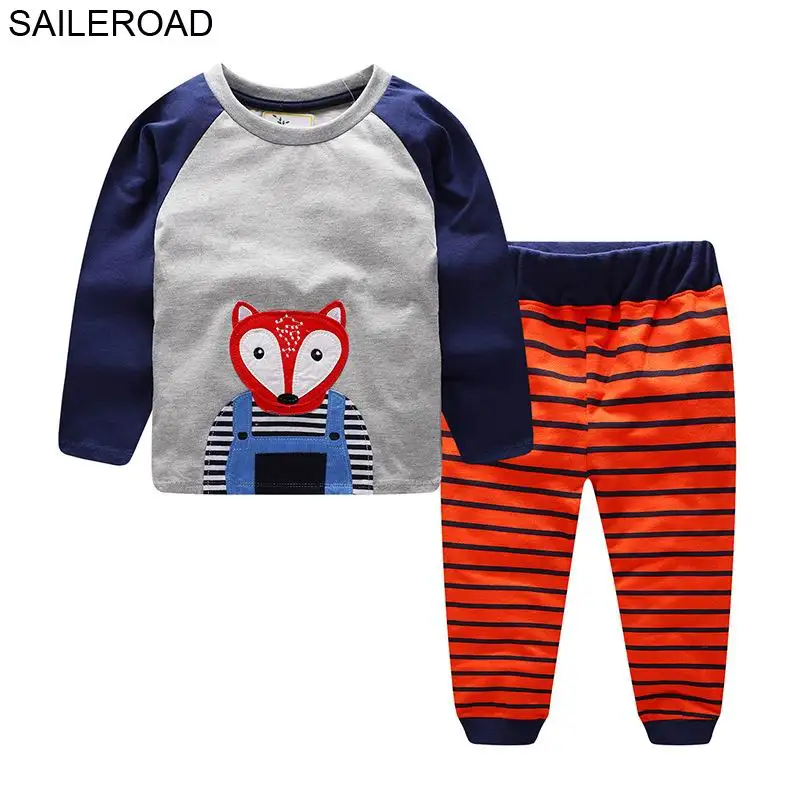 SAILEROAD/пижамы для маленьких мальчиков, комплекты одежды, футболки с длинными рукавами+ штаны, Детская Хлопковая полосатая одежда динозавров для мальчиков