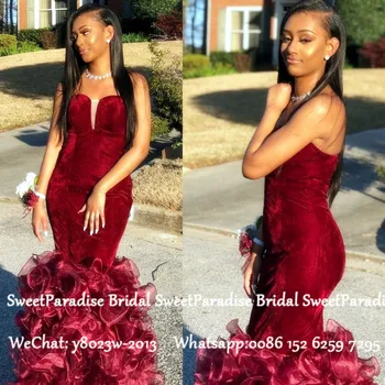 

Cascading Ruffles Mermaid Bridesmaid Dresses 2020 Burgundy Velvet Top Organza Skirt African Women Long Wedding Guest Dress Party