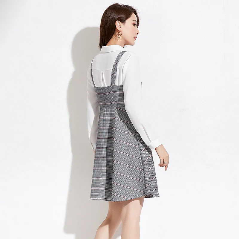 

2019 Autumn New Style Boutique WOMEN'S Dress Ladies' High-waisted V-neck Chest Bandage Cloth Strapped Dress Plaid A- line Skirt