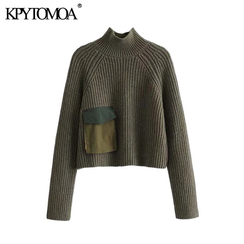 

Vintage Stylish Patchwork Turtleneck Knitted Sweater Women 2020 Fashion Long Sleeve Pockets Stretchy Female Pullovers Chic Tops