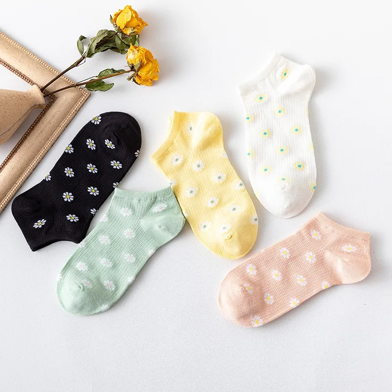 

5 Pairs Solid Mesh Color Women's Short Socks Ankle Invisible Floret Cute Funny Happy Kawaii Breathable Thin Boat SocksÂ For Girl