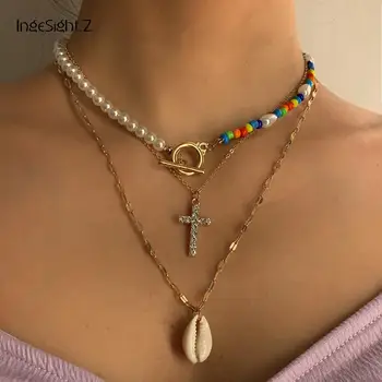 

IngeSight.Z 3Pcs/Set Multi Layer Rainbow Seed Bead Imitation Pearl Choker Necklace Crystal Cross Shell Pendant Necklace Jewelry