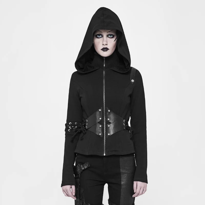 

PUNK RAVE Women's Punk Short Cardigan Sweater Rib PU Windbreak Black Personality Women Hooded Sweaters