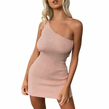 

2020 Women Sexy Sleeveless Ribbed Bodycon Dress One Shoulder Slim Solid Pullover Jumper Evening Party Clubwear Short Mini Dress