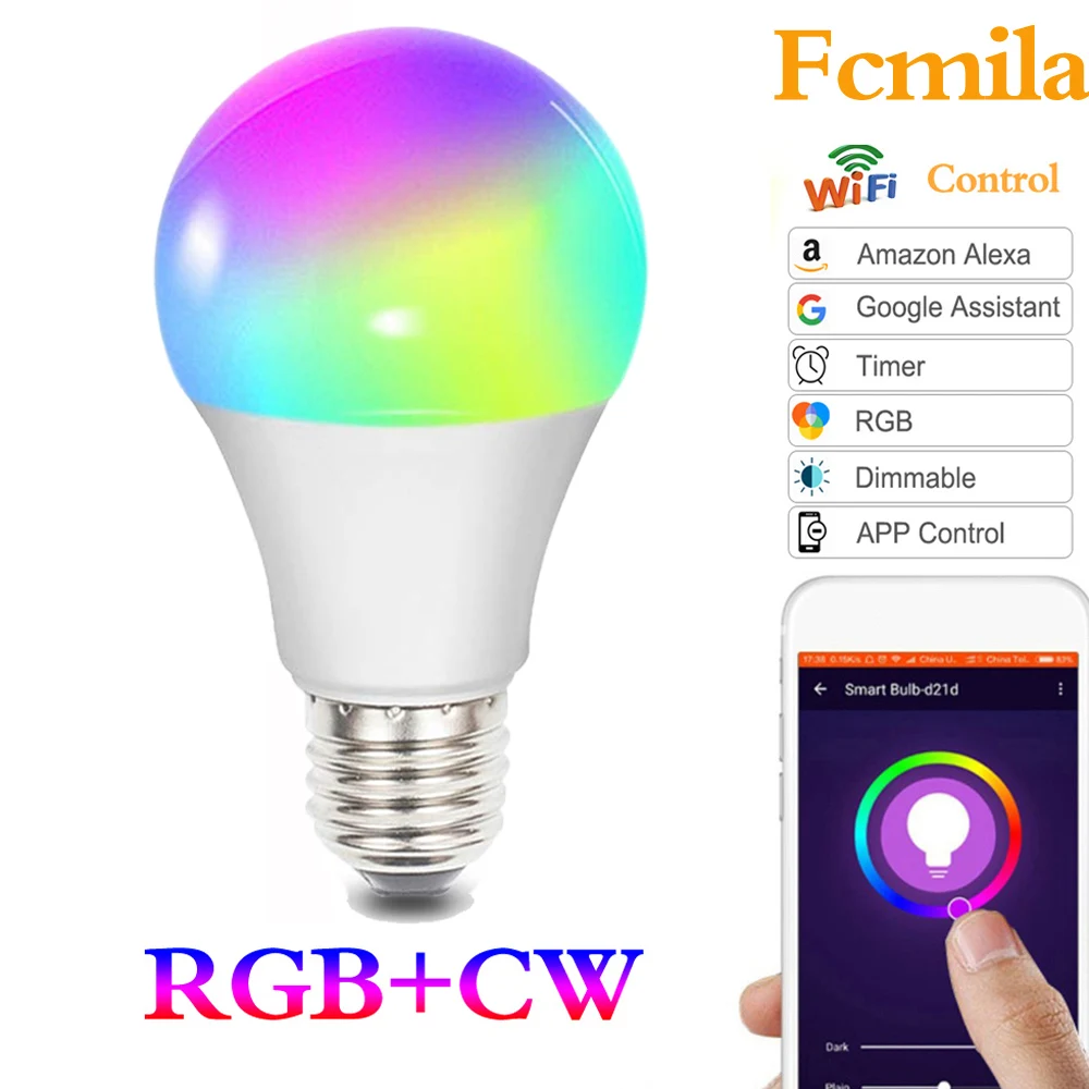 Умный E27/E26/E14/B22 Светодиодный светильник, умный WiFi, лампа RGB+ W с регулируемой яркостью, приложение для смартфона/Голосовое управление