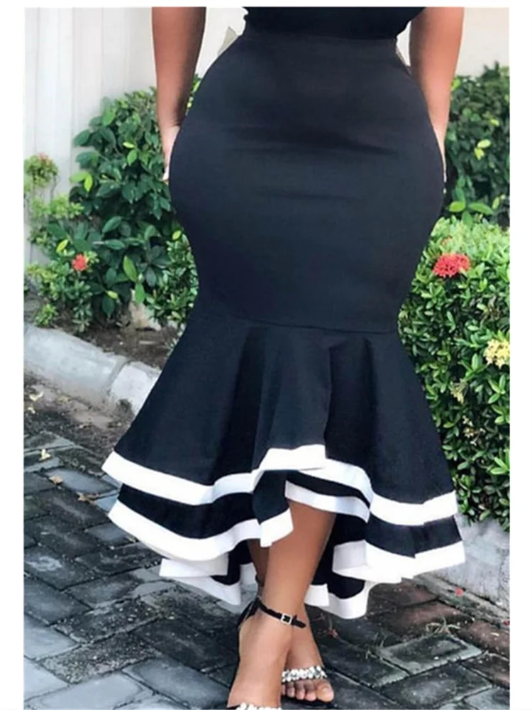 Women Bodycon Mermaid Skirt High Waist Slim Ruffles Black White Patchwork Package Hip Jupes Falads Elegant Femme Drop Shipping Women Bodycon Mermaid Skirt High Waist Slim Ruffles Black White Patchwork Package Hip Jupes Falads Elegant Femme Drop Shipping