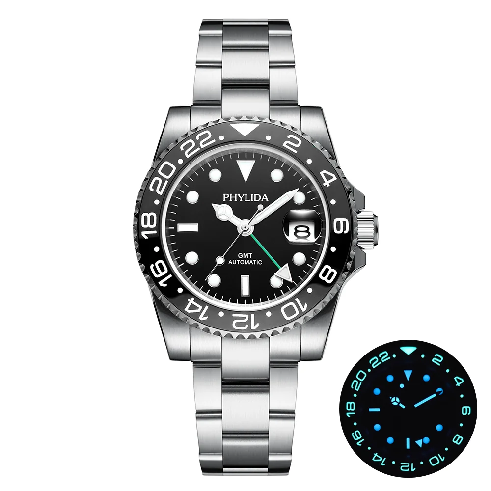 Top Brand PHYLIDA 100M Water Resistant GMT Dual Time Black Sterile Dial Automatic Men's Watch Sapphire Diver II Homage | Наручные