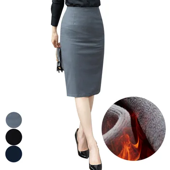 

Office Lady Women Skirts Autumn Winter Warm Solid Color Pencil Skirt Plus Velvet Warm High Waist Mid-Long Skirt