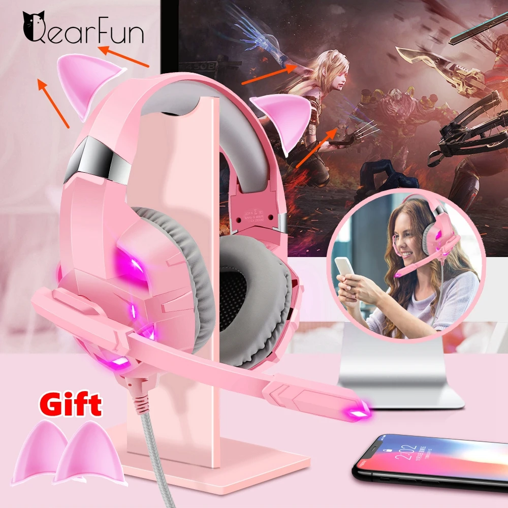QearFun Розовые наушники с кошачьими ушками для девочек игровые микрофоном ПК PS4