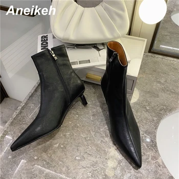 

Aneikeh Spring Women Shoes Ankle Chelsea Boots PU Sewing Thin Heels ZIP Pointed Toe Solid Black Brown Size 35-39 Fashion New