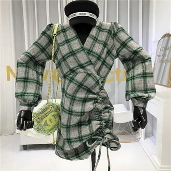 

Vintage Plaid Asymmetrical Dress with Long Sleeve Above Knee, Mini V-Neck Summer Empire sexy dresses party night club dress