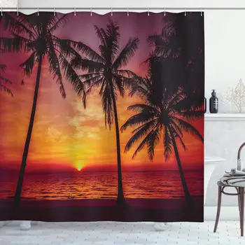 

Tropical Decor Collection, Sunset Tropical Beach Palm Trees Peaceful Ocean Evening View Resort Picture, Polyester Fabric
