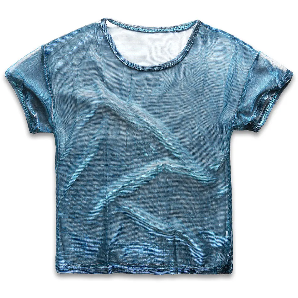 

Womens Mesh T-Shirts See Through Sheer Crop Top Crew Neck Short Sleeve Shiny Tee