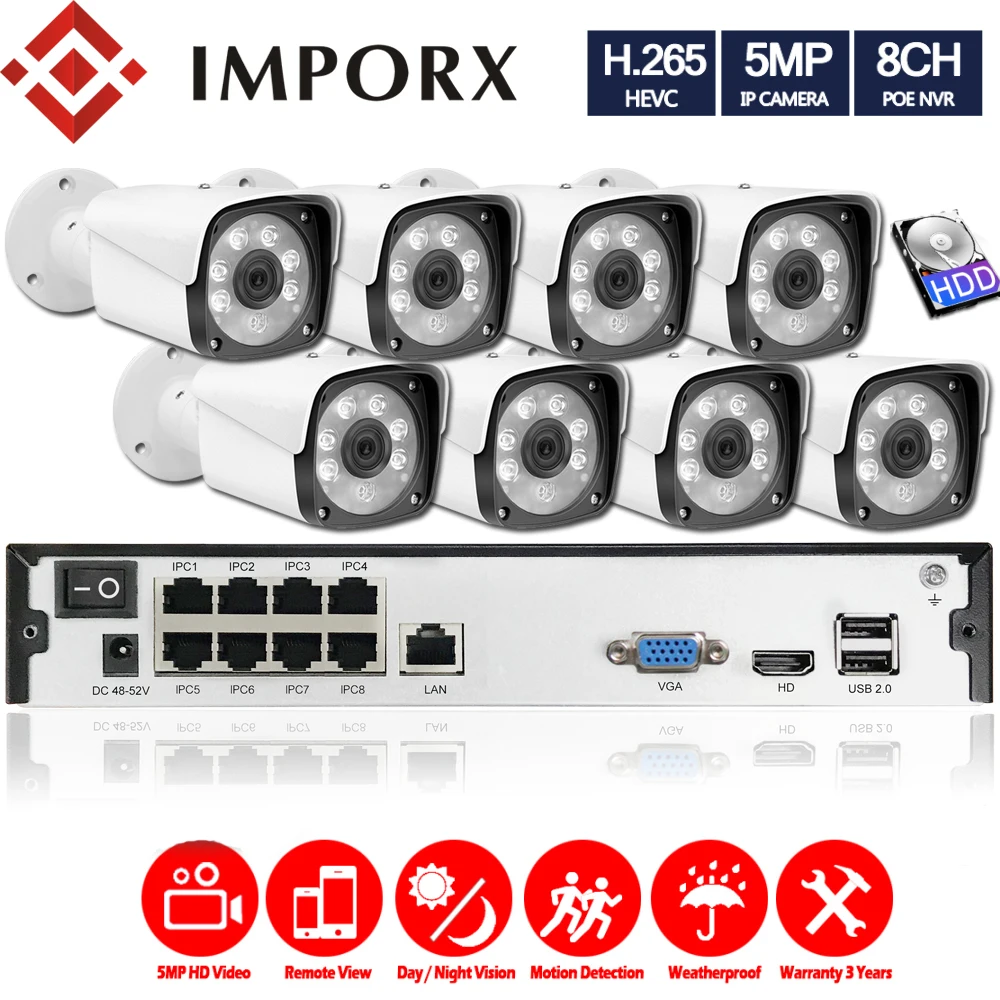 

IMPORX 8CH 5MP POE Security Camera System Kit H.265 IP Camera Outdoor Waterproof CCTV Video Surveillance Set Alarm Onvif P2P 2TB