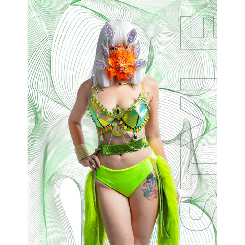 

Sexy Laser Bikini Stage Costume Cosplay Clothing Women Nightclub Gogo Dancer Outfits Flower Mask DJ DS Clubwear Rave Outfit 4753