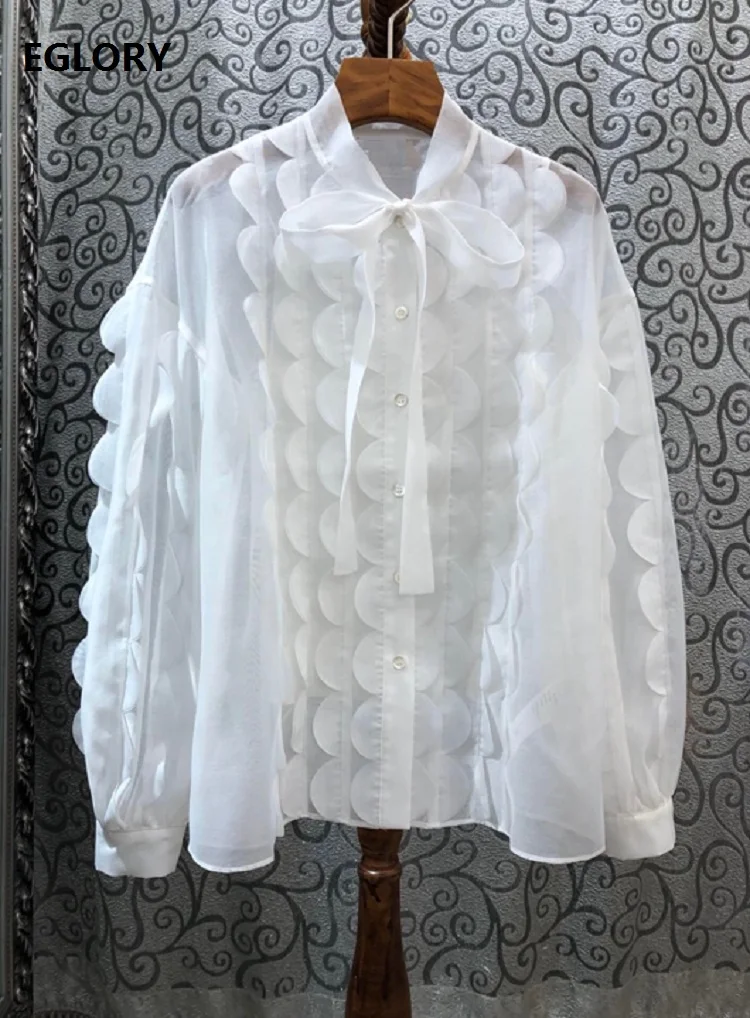  High Quality Runway Blouse Shirts 2020 Spring Summer White Rose Red Tops Shirt Women Wave Cut Ruffl