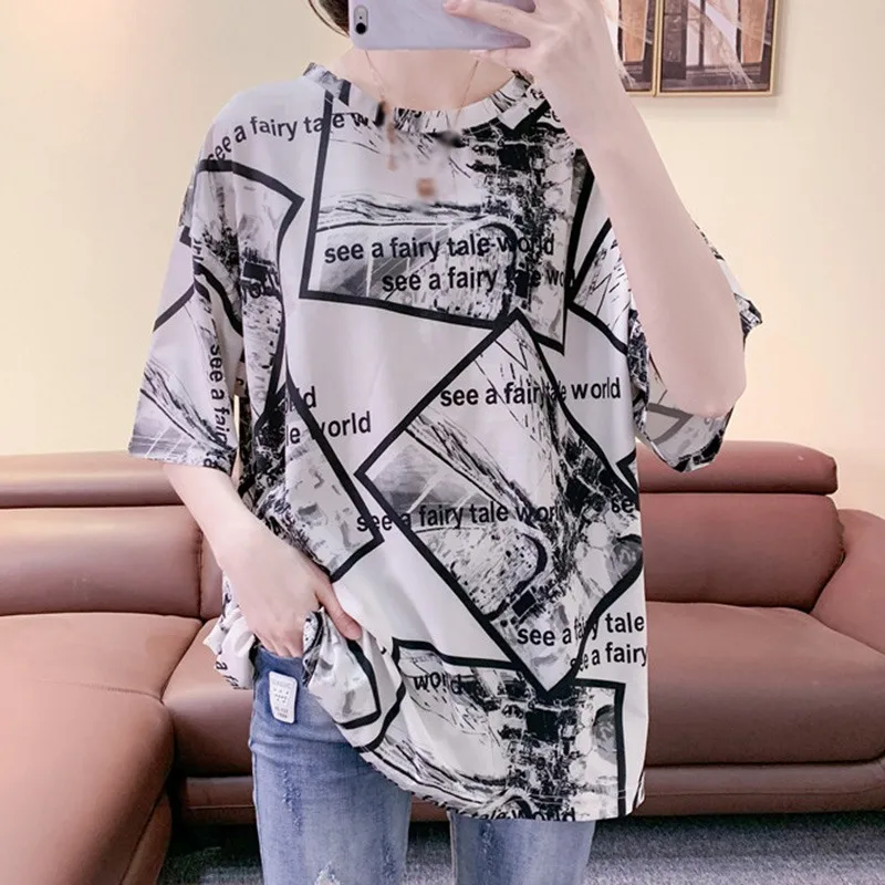 Harajuku Long T-Shirt Loose Letter Printed Women Tshirt Loose Female Tee Tops Large Size Summer T-Shirts