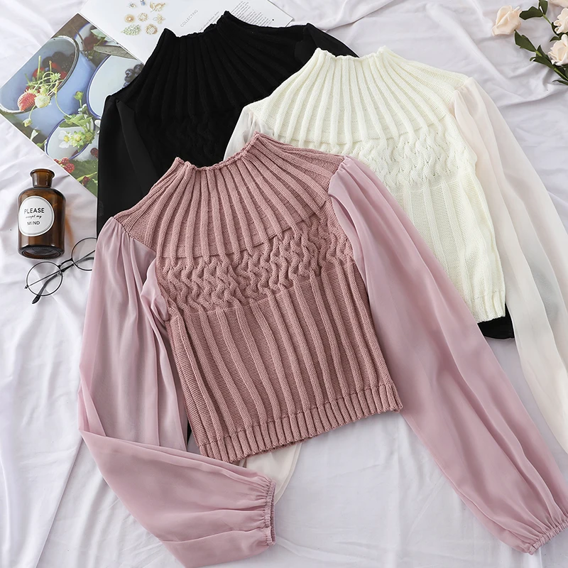 

TYHRU Female Knit Jumpers Tops Autumn Turtleneck Long Sleeve Patchwork Sweaters for Women