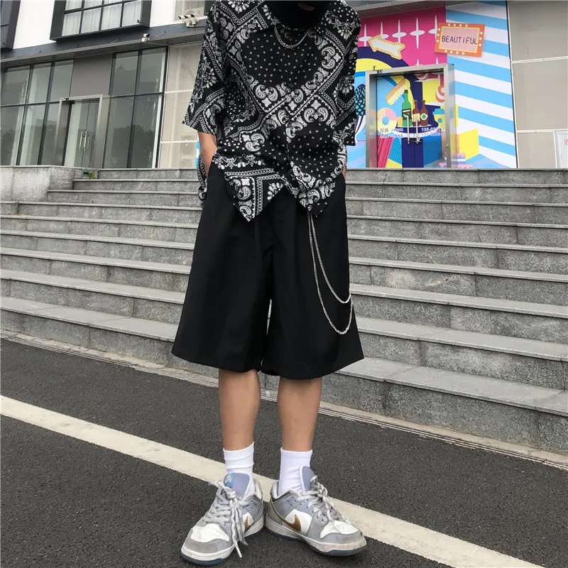 Mens Shorts Summer Casual Black Zipper Elastic Waist Straight Short Pants with Chain New Hip Hop Streetwear Loose Shorts Joggers