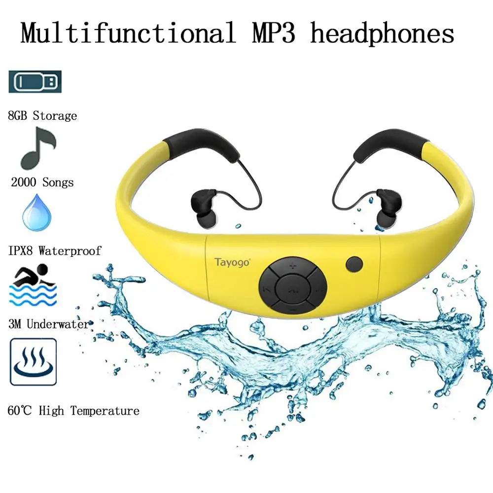 

Tayogo Waterproof 8GB MP3 Player Stable Head-Mounted Headphone Mini Sports IPX8 Headset MP3 Player Swimming Ear Hook Earphones