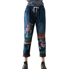 Новые женские джинсы большого размера женские осенние повседневные брюки с цветочной вышивкой свободные тонкие девять рваные брюки джинсы для женщин NW2131