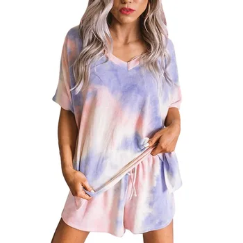 

Women's Sleepwear Set Summer Female Casual Loose Tie Dye Printed Leopard Print V Neck Short Sleeve Plus Shorts Sets