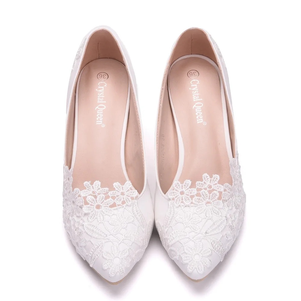 Concise elegant lace flower wedding bridal shoes white 5cm high heels banquet bridesmaid single shoes large size female shoes 43
