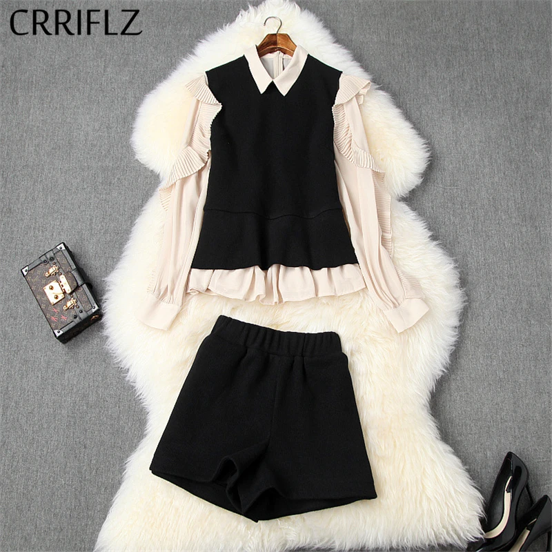 Lente Vrouwen Set Ruches Turn Down Kraag Chiffon Overhemd Gebreide Vest Wijde Pijpen Shorts 3 Delige Set Vrouwen Temperament Broek set Lente Vrouwen Set Ruches Turn Down Kraag Chiffon Overhemd Gebreide Vest Wijde Pijpen Shorts 3 Delige Set Vrouwen Temperament Broek set