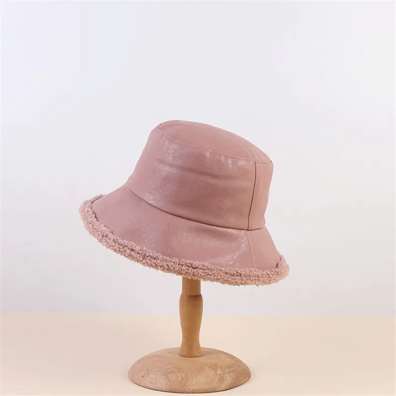 Женская двусторонняя шапка из искусственного меха, плюшевая меховая подкладка для девочек, зимняя шапка из овечьей шерсти, искусственная шерсть, Рыбацкая шапка, розовая шапка горчичного цвета - Цвет: Pink