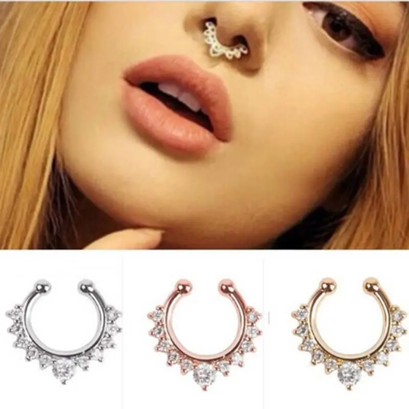 Nose Rings Jewelry Nose Hoop Rings Earring Crystal Fake Nose Ring Septum Piercing Hanger Clip On Body For Women Girl