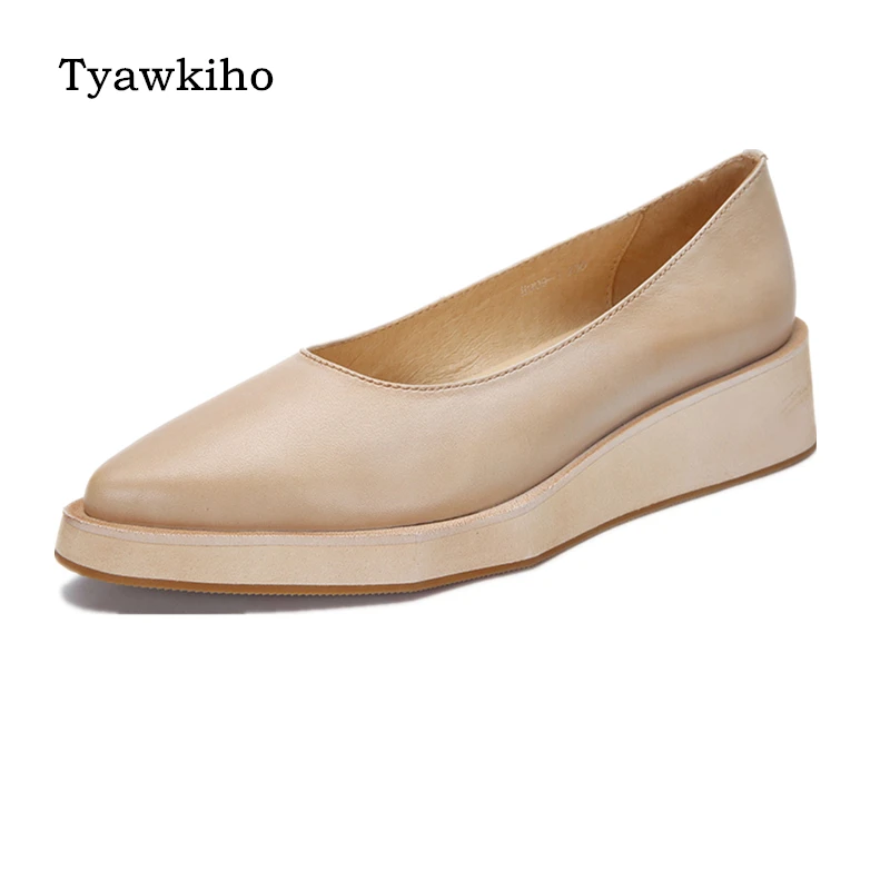 Tyawkiho/женские туфли-лодочки из натуральной кожи; туфли с острым носком на низком каблуке; черные туфли без застежки; женские туфли-лодочки в стиле ретро; женские туфли на танкетке ручной работы