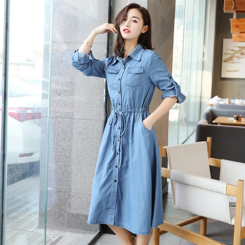 Женское джинсовое платье с длинным рукавом длинное рубашка однобортный