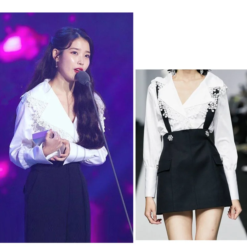 Kpop IU Lee Ji Eun корейский новый белый кружевной комбинированный Топ с длинным рукавом