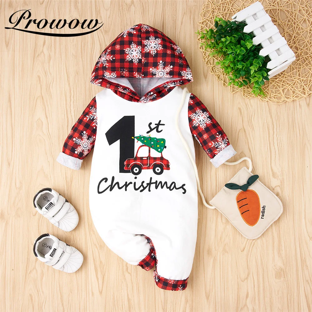 Prowow My First Christmas Clothes For Baby Girls Overalls Festival Newborn Jumpsuits Patchwork Kids Baby Girls Hooded Clothes Baby Bodysuits classic