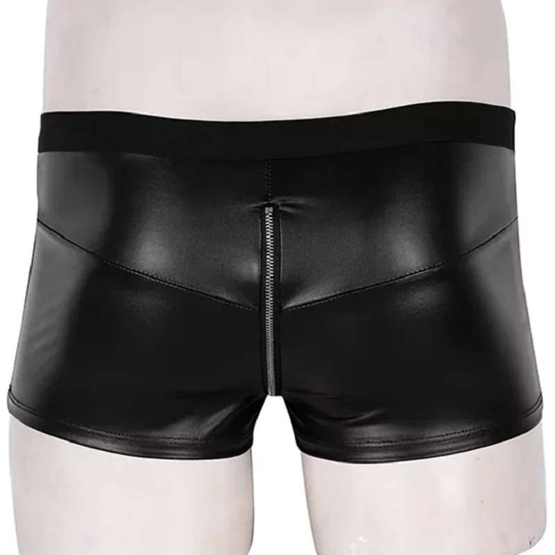 Mens Sexy Open Crotch Leather Short Pants For Sex Zipper Crotchless Soft Patent Leather Fetish Boxer Erotic Hot Porn Pants Sexi