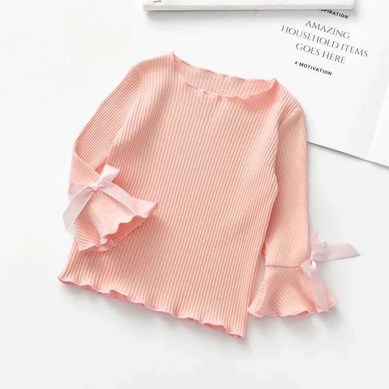 Весенне-осенняя одежда для девочек; футболка с длинными рукавами; блузка; трикотажная футболка для маленьких девочек; повседневные хлопковые футболки для детей; топы для младенцев - Цвет: Розовый
