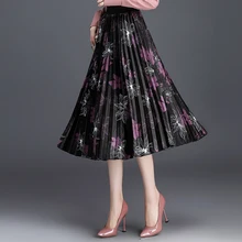 Осенне-зимняя модная Женская эластичная бархатная юбка с высокой талией и цветочным принтом, Корейская велюровая юбка до середины икры для женщин