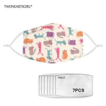 

Twoheartsgirl Cute Kitten Cat Print Face Mask for Adult Men Women Washable Kids Mouth Mask with 7pcs Filter Anti-dust Masks