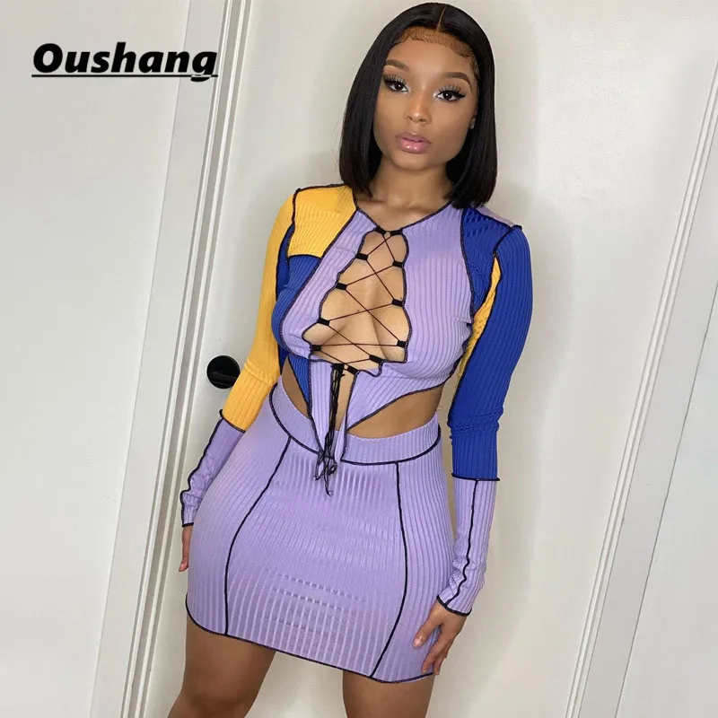 

Two Piece Women Sets Chic Suit Skirt and Top Set Cut out Tie up Crop Top Color Blocking Patchwork Bodycon Skirt Knitted
