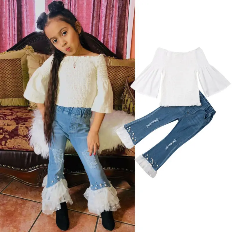 

Kids Girl Ripped Pearl Lace Bell Bottoms Skinny Jeans +White Ruffled Flare Sleeve Off Shoulder Tops Fashion Children's Outfits