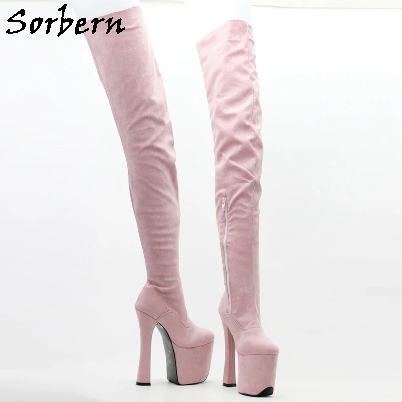 

Sorbern Pear Pink Ladies Boots Block Heels 8 Inch Chunky Heel Long Mid Thigh High Boot Comfortable Walk Shoes Custom Wide Fit