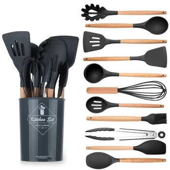 

12 pcs Silicone Kitchen Utensil Set BPA Free Non Toxic Cooking Utensils Wooden Handle with Storage Box kitchen Tools