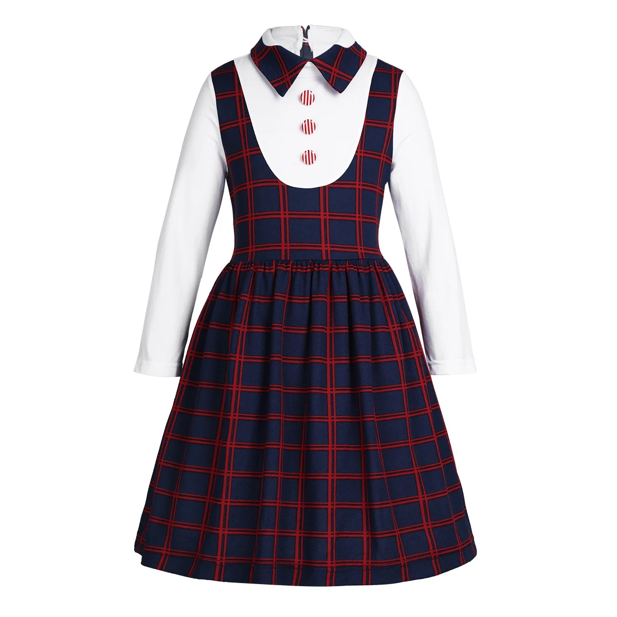 Kids Children Students Girls Uniform Long Sleeves Lapel Plaid A-line False Two-piece Dress for Birthday Party School Uniforms - Цвет: Navy Blue