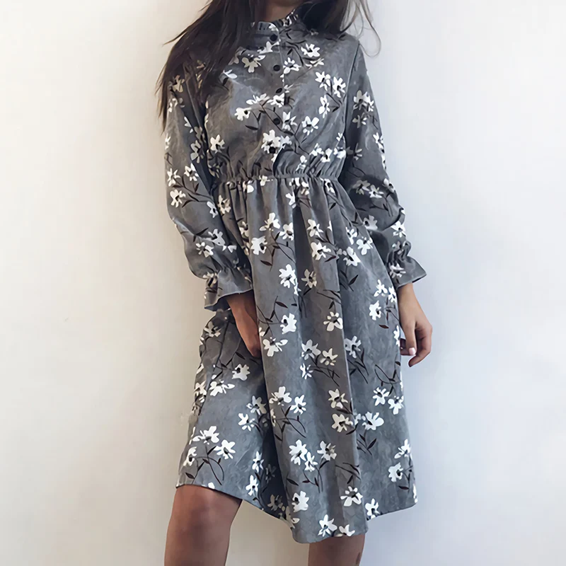En Ligne Hiver coréen imprimé fleurs femmes Kawaii robe Vintage à manches longues mi mollet robe de soirée bouton o cou Vestidos mignon vêtements