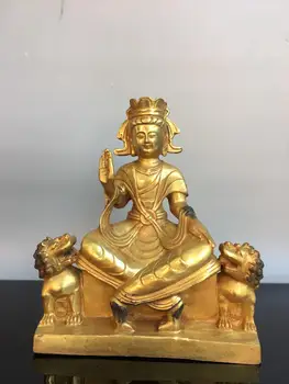 

Wedding Decoration 9" Tibet Buddhism Temple bronze Gilt White Tara Guanyin Buddha statue A pair of lion statues Avalokitesvara