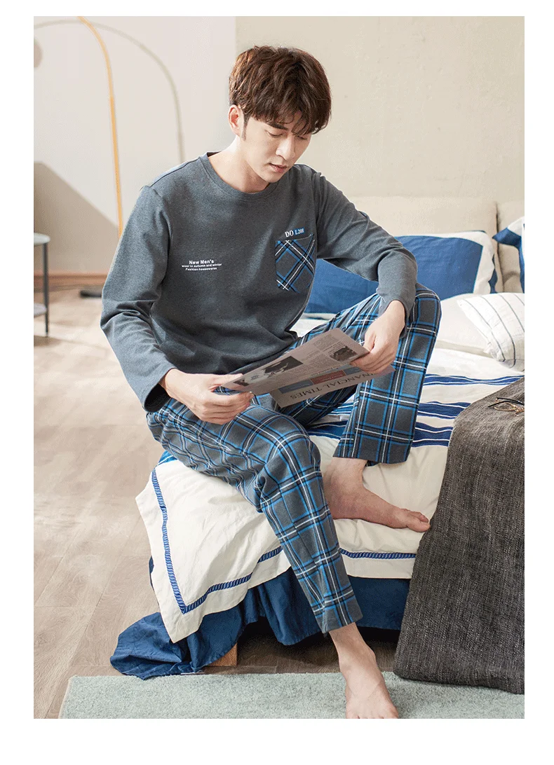 pajama pants men's Men Hedging Pajamas Set Full Pure Cotton Male Long-sleeved Autumn Winter Pyjama Loose Men Home Set Plaid Sleepwear Tops + Pants black silk pajamas