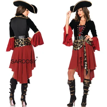 

SAROOSY Sexy Female Caribbean Pirates Captain Costume Halloween Cosplay Medieval Gothic Fancy Hat Belt Dress Set Role Playing