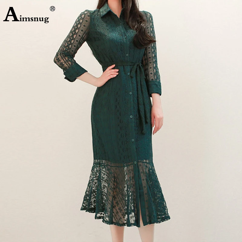 

Aimsnug Female The Dress Lace Hollow New Temperament Slim Single-Breasted Turn-down Collar Lace Up Autumn Women Mermaid dress