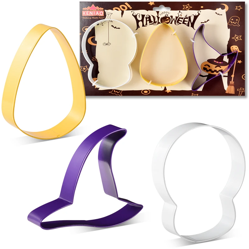 

KENIAO Halloween Cookie Cutter Set - 3 PC -Skull, Candy Corn & Witch's Hat Biscuit Fondant Cutter - Color Coated Stainless Steel