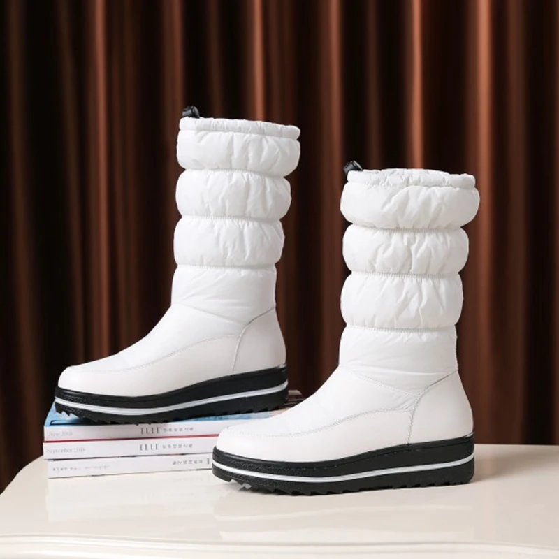 REAVE CAT Mid-Calf Boots Round Toe High platform Down Warm Fur Elastic Band Wool Snow Boots Size 35-43 Black White